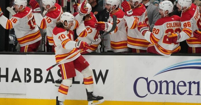 Lomberg lights up Saddleome in Flames’ 6-3 win over Golden Knights