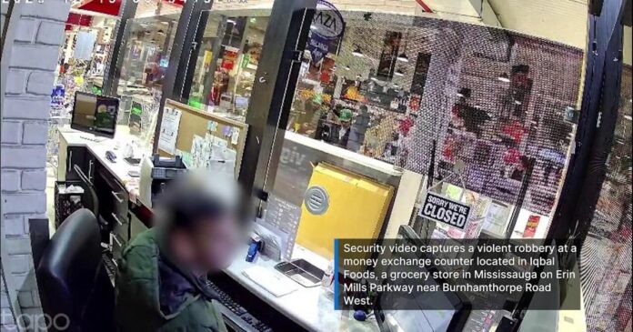 Security video captures violent Mississauga robbery at money exchange counter in grocery store