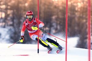 Swiss skier Loic Meillard in action during the Val d’Isere slalom